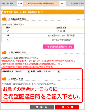 お支払い方法、お届け時間指定画面